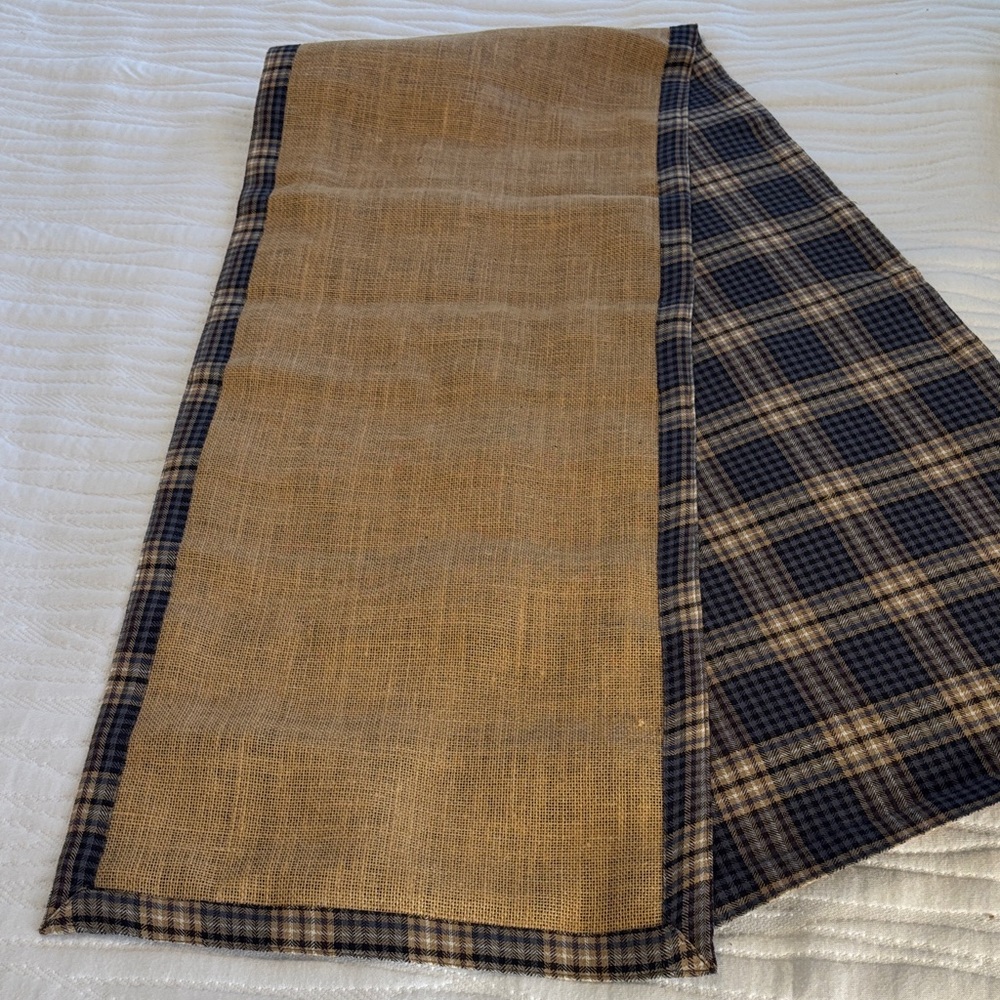 Reversible Plaid and Burlap Tan Table Runner 70 x 14 inches EUC
